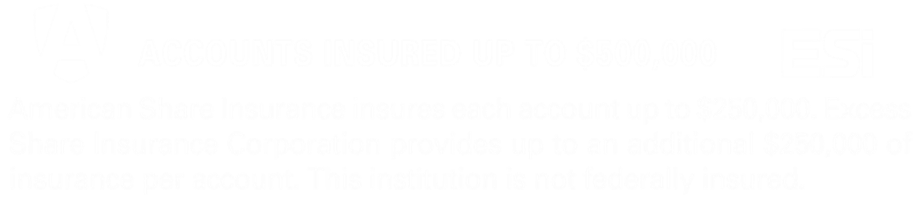 American Share Insurance insures each account up to $250,000. Excess Share Insurance Corporation provides up to an additional $250,000 of insurance per account. This institution is not federally insured.